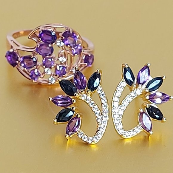 SPECIAL OFFER: SET OF NATURAL AMETHYST RING(7.5) & AMETHYST/SAPPHIRE EARRINGS. - Picture 1 of 11